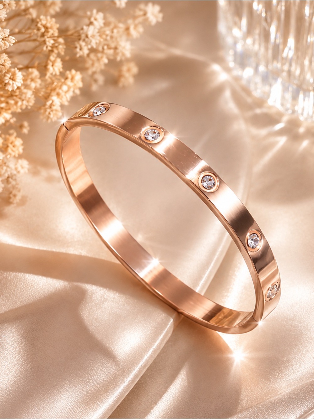 Rose Gold 18K Gold Plated Stainless Steel CZ Bangle Bracelet